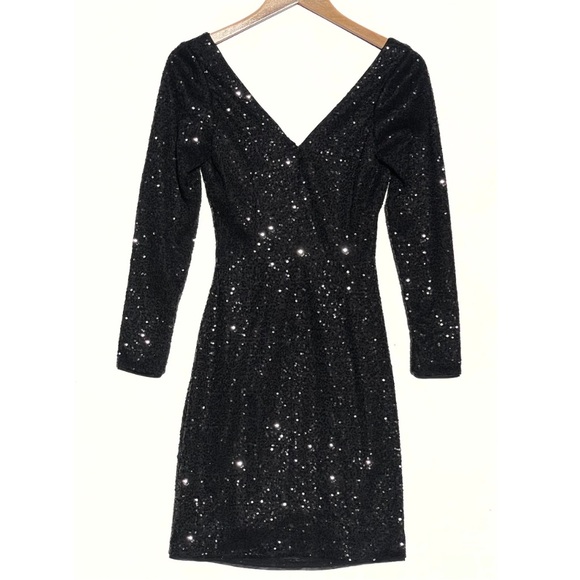 AIDAN MATTOX Women’s Black Sequin Faux Wrap Black Sequin Cocktail Dress size 4 - Picture 2 of 4